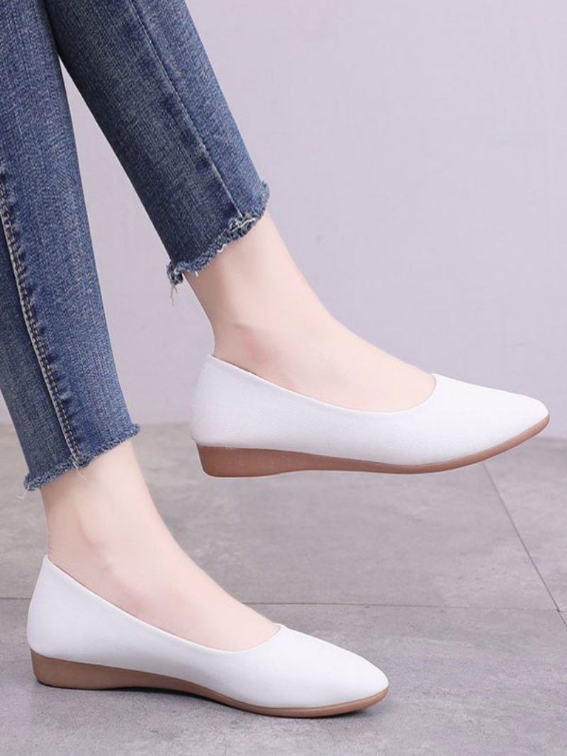 Weiße Flache Schuhe Für Damen Spitze Zehenpartie Slip-on-ballerinas Aus Pu-leder - Weiß