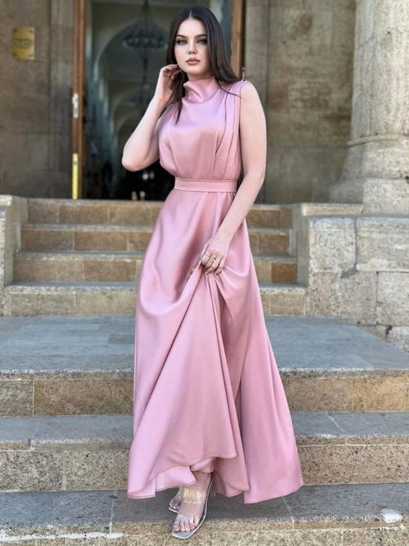 Ärmelloses Kleid Für Damen Mit Gürtel Und Plissiertem Maxikleid Den Abschlussball Einfarbiger Farbe - Rosa