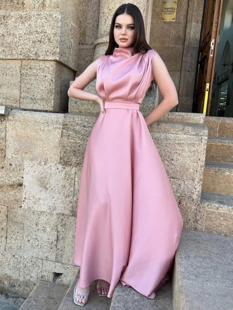 Ärmelloses Kleid Für Damen Mit Gürtel Und Plissiertem Maxikleid Den Abschlussball Einfarbiger Farbe - Rosa