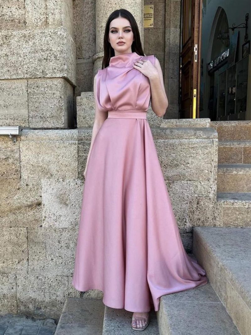 Ärmelloses Kleid Für Damen Mit Gürtel Und Plissiertem Maxikleid Den Abschlussball Einfarbiger Farbe - Rosa