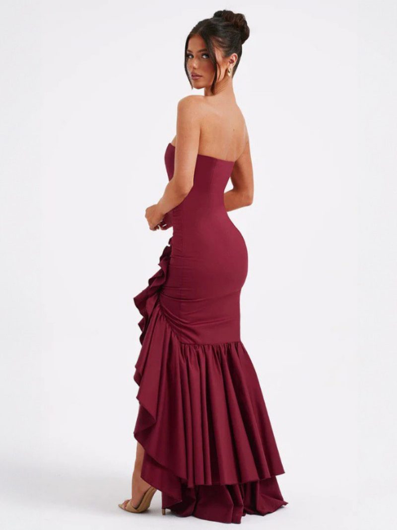 Blaues Ballkleid Für Damen Schulterfrei Rüschen Asymmetrisch Elegante Maxikleider - Burgund