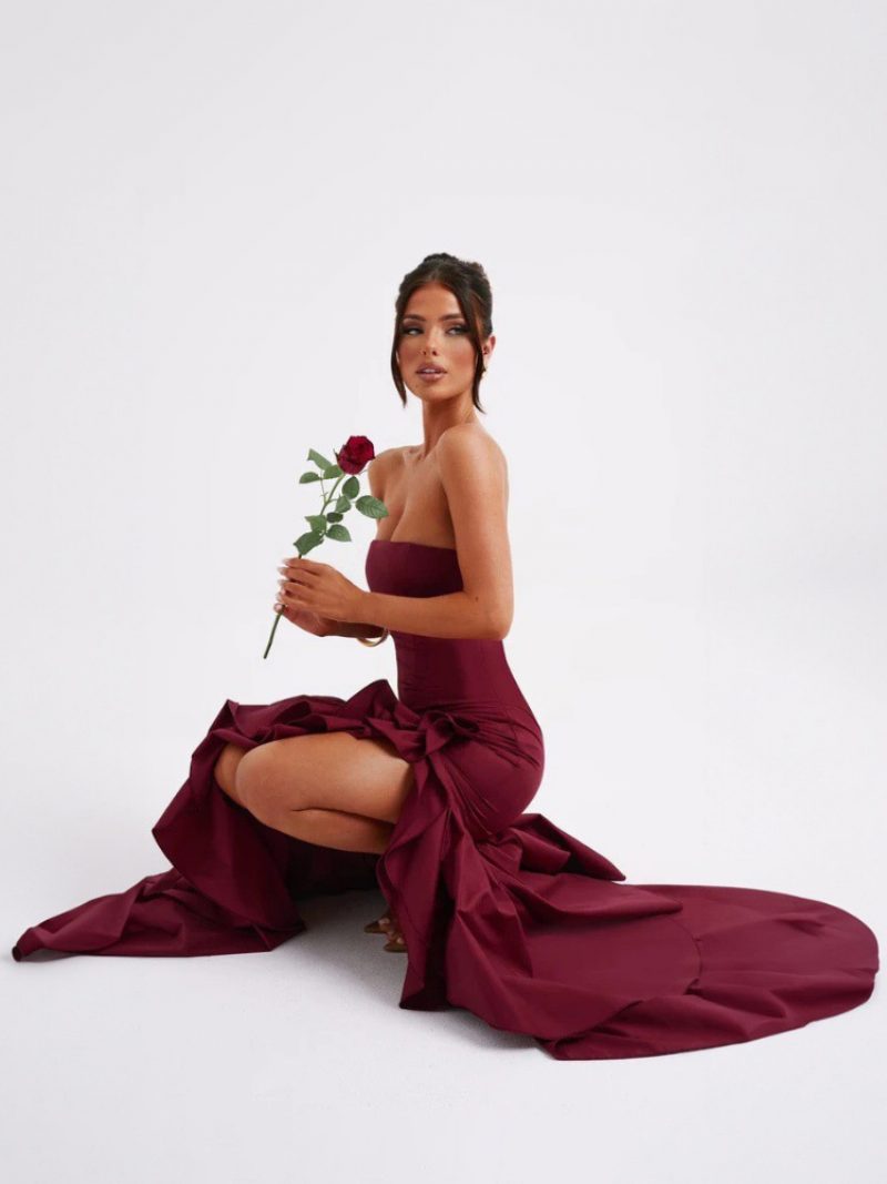 Blaues Ballkleid Für Damen Schulterfrei Rüschen Asymmetrisch Elegante Maxikleider - Burgund