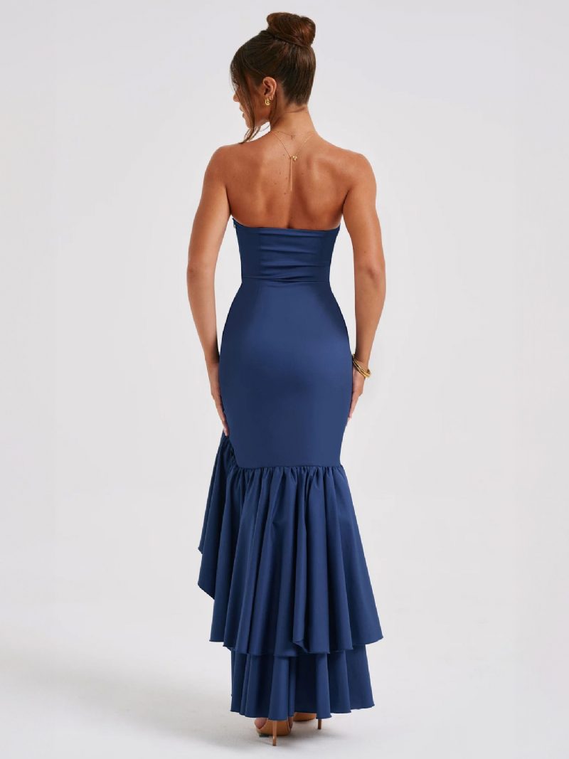 Blaues Ballkleid Für Damen Schulterfrei Rüschen Asymmetrisch Elegante Maxikleider - Blau