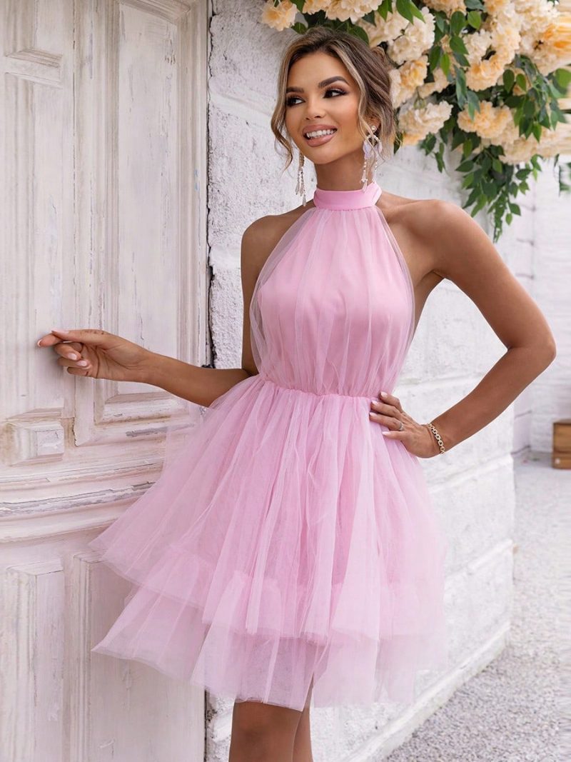 Blaues Kurzes Damenkleid Mit Neckholder Ärmellos Transparent Party-minikleider - Rosa