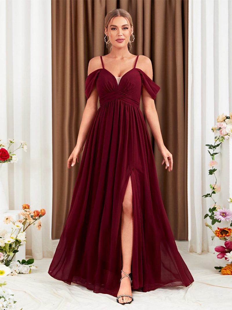 Burgunderfarbenes Chiffon-kleid Für Damen Mit Kalter Schulter Crossover-abschlussball-maxikleidern Hohem Schlitz