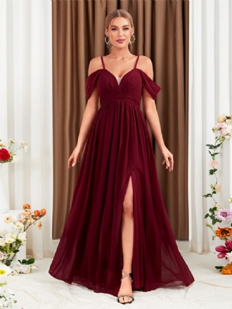 Burgunderfarbenes Chiffon-kleid Für Damen Mit Kalter Schulter Crossover-abschlussball-maxikleidern Hohem Schlitz