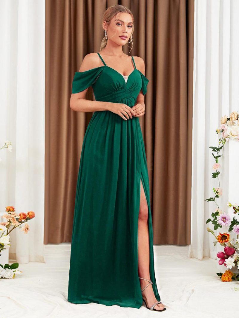 Burgunderfarbenes Chiffon-kleid Für Damen Mit Kalter Schulter Crossover-abschlussball-maxikleidern Hohem Schlitz - Grün