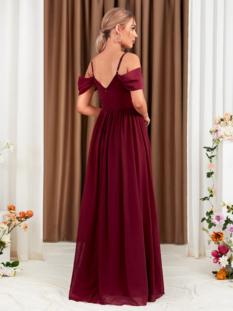 Burgunderfarbenes Chiffon-kleid Für Damen Mit Kalter Schulter Crossover-abschlussball-maxikleidern Hohem Schlitz - Burgund