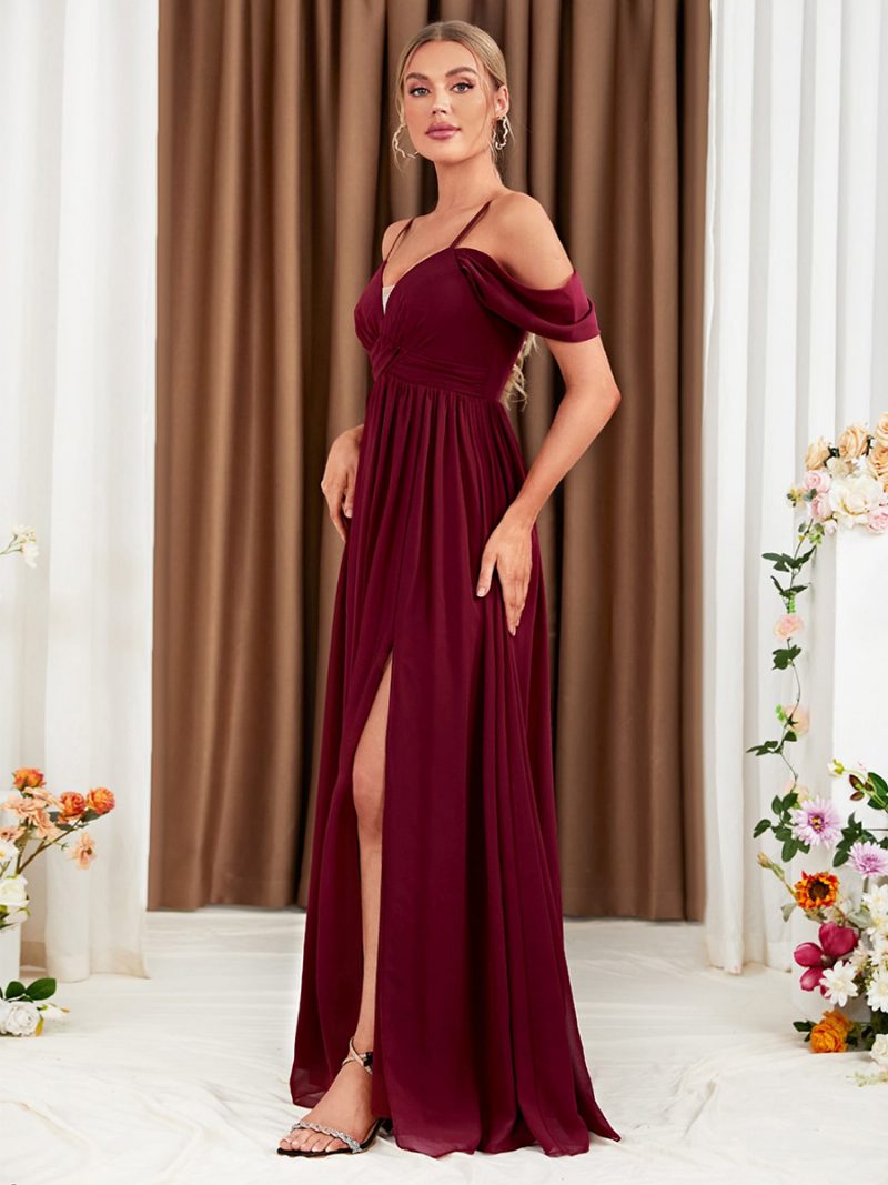 Burgunderfarbenes Chiffon-kleid Für Damen Mit Kalter Schulter Crossover-abschlussball-maxikleidern Hohem Schlitz - Burgund