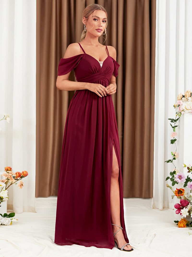 Burgunderfarbenes Chiffon-kleid Für Damen Mit Kalter Schulter Crossover-abschlussball-maxikleidern Hohem Schlitz - Burgund