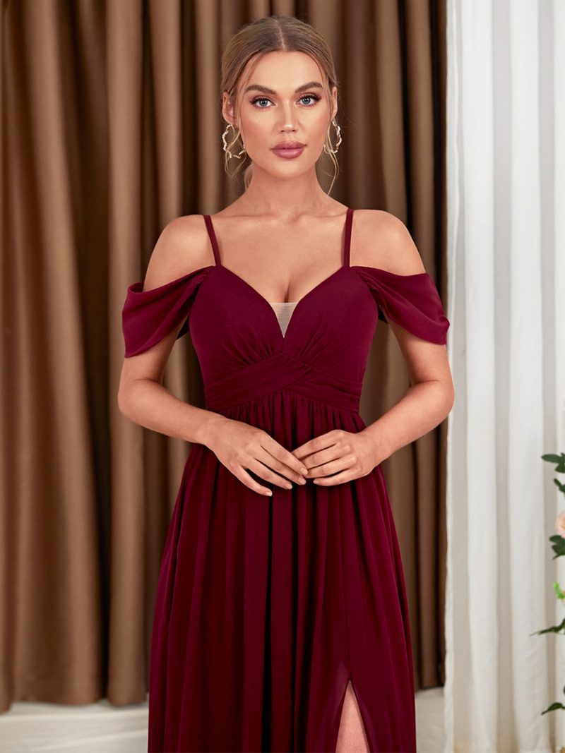 Burgunderfarbenes Chiffon-kleid Für Damen Mit Kalter Schulter Crossover-abschlussball-maxikleidern Hohem Schlitz - Burgund