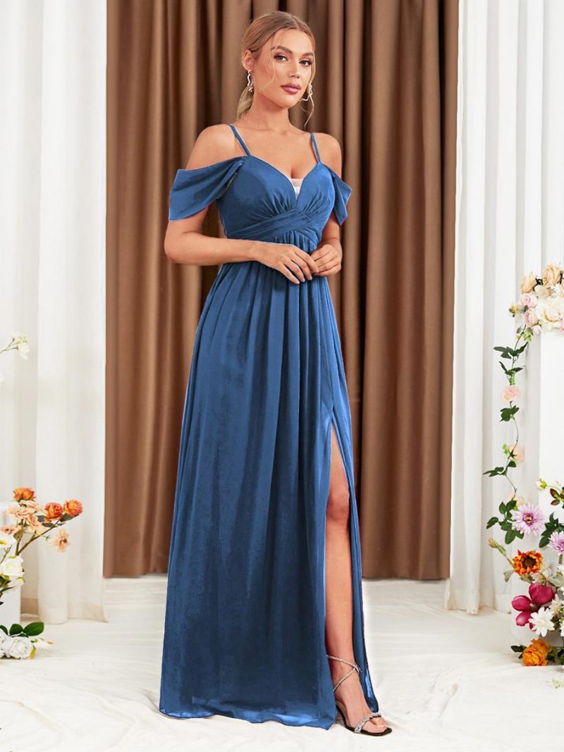 Burgunderfarbenes Chiffon-kleid Für Damen Mit Kalter Schulter Crossover-abschlussball-maxikleidern Hohem Schlitz - Blau