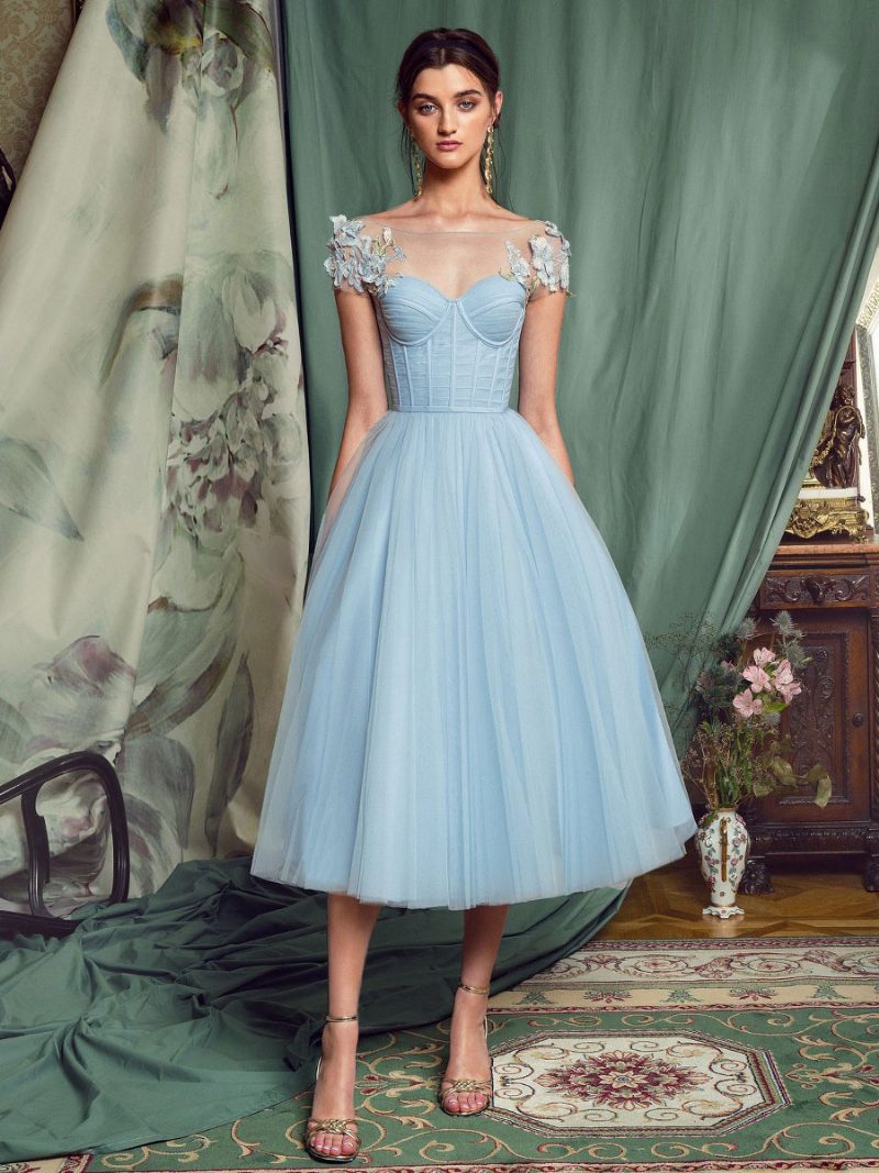 Damen-abschlussball-midikleid Mit Applikation Und Bateau-ausschnitt