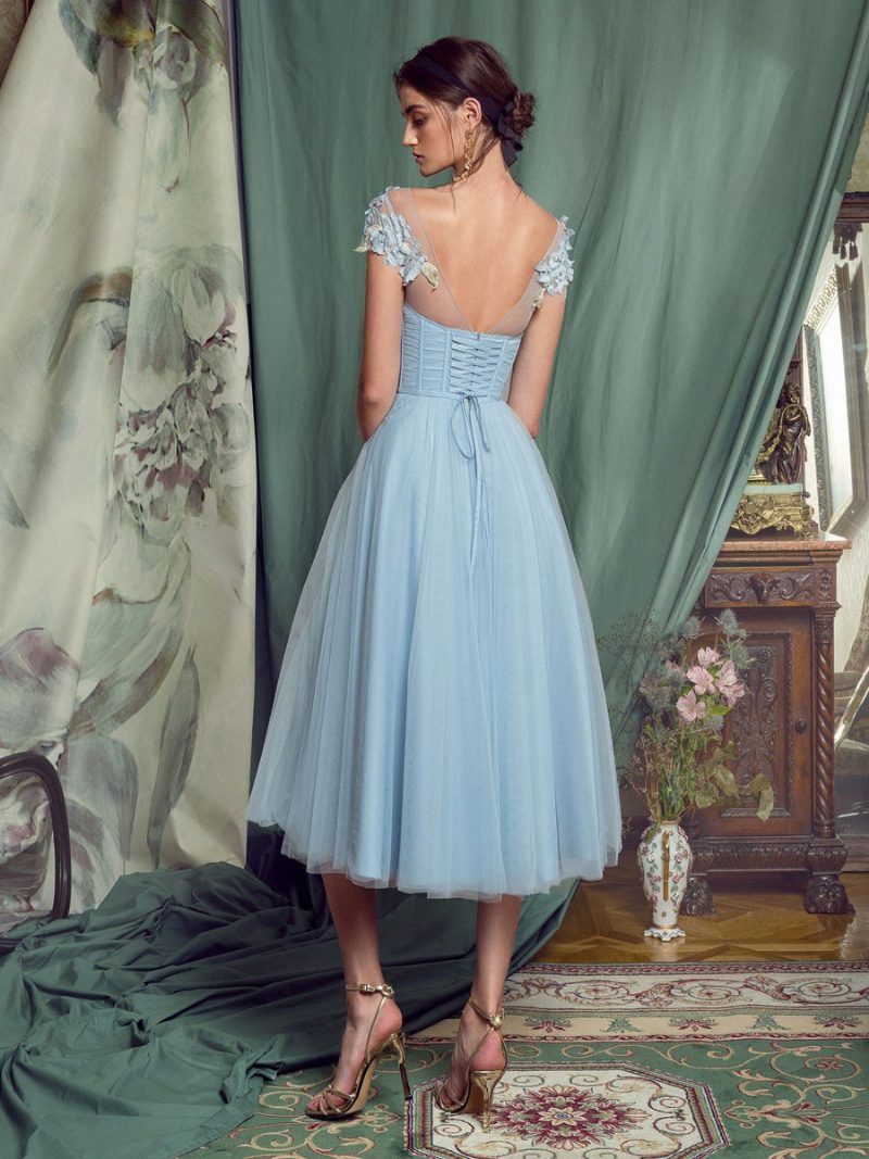 Damen-abschlussball-midikleid Mit Applikation Und Bateau-ausschnitt - Helles Himmelblau