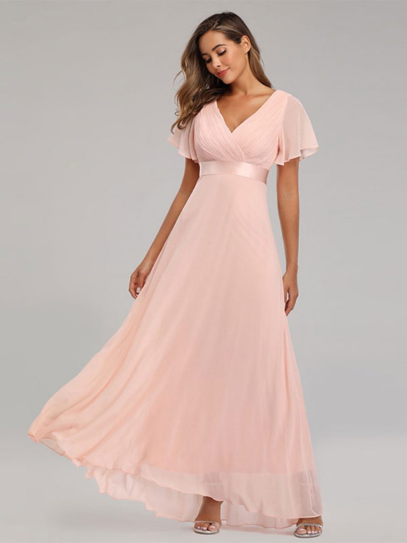 Damen-abschlussballkleider Aus Chiffon V-ausschnitt Kurze Ärmel Halbformelles Maxikleid - Rosa