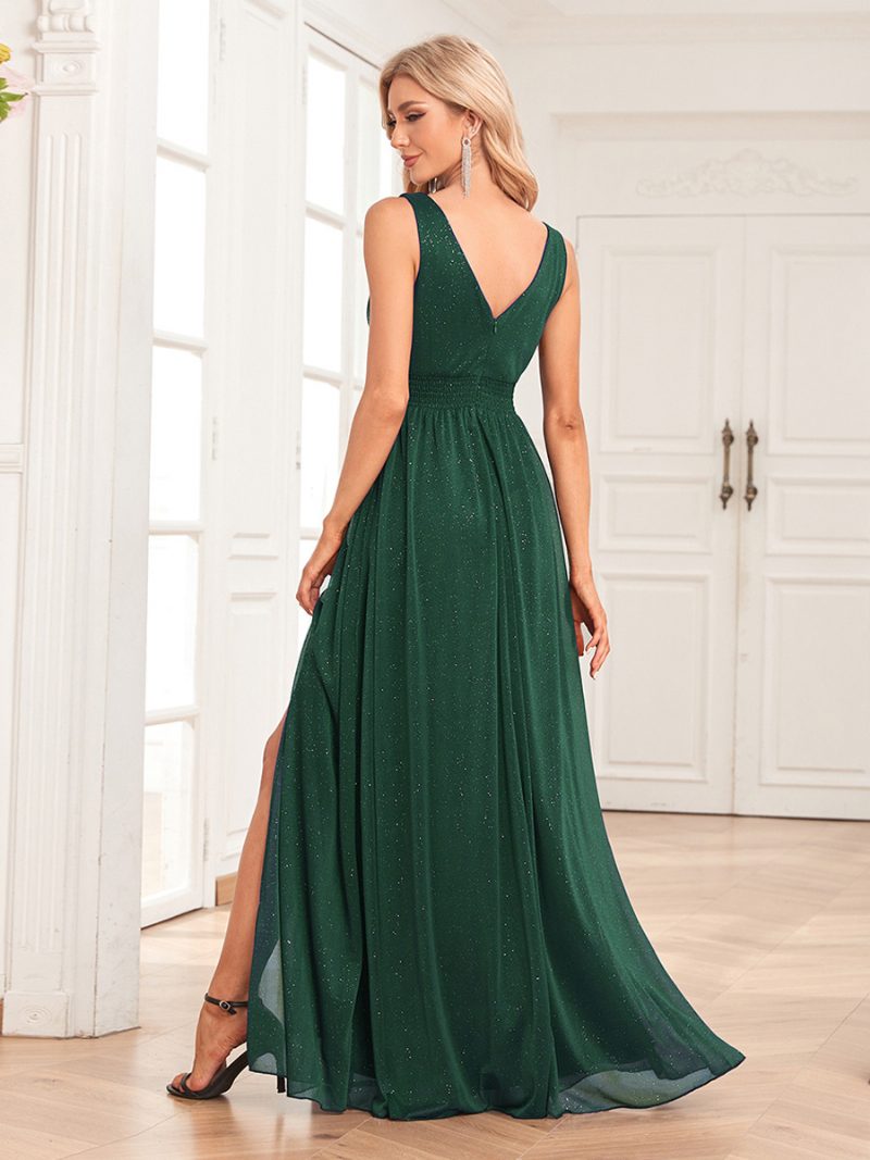 Damen-ballkleid Mit Glitzer V-rücken Ärmellos Empire-stil Hoher Schlitz Maxikleider - Grün