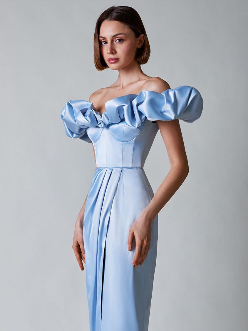 Damen-ballkleid Mit Rüschen Schulterfrei Hoher Schlitz Plissiertes Maxikleid - Blau