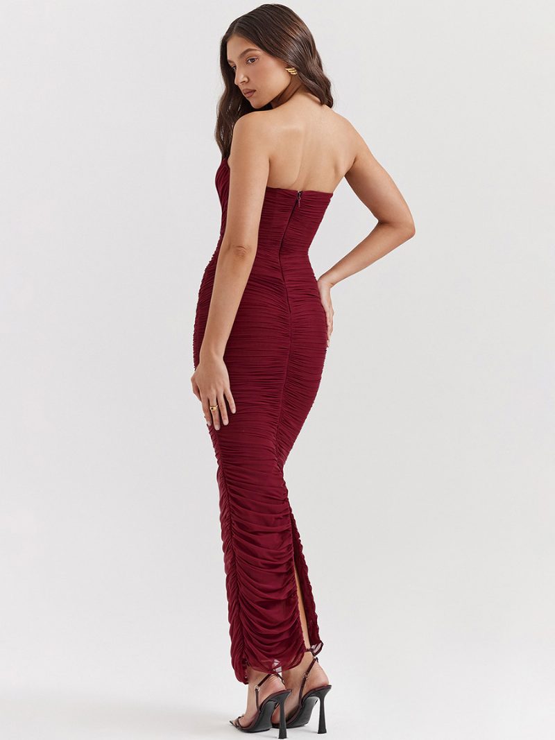 Damen-bodycon-kleid Burgunderrot Trägerlos Plissiert Elegantes Ärmelloses Bleistiftkleid - Burgund