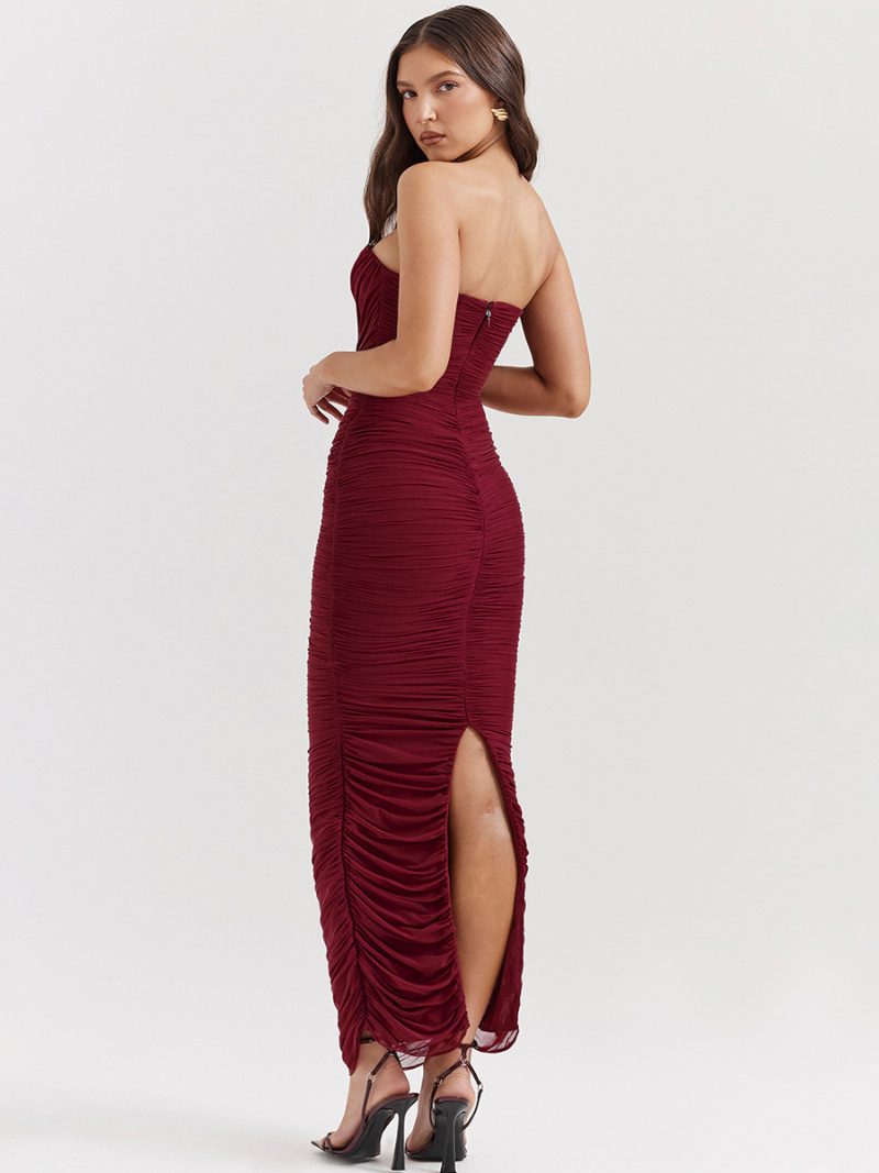 Damen-bodycon-kleid Burgunderrot Trägerlos Plissiert Elegantes Ärmelloses Bleistiftkleid - Burgund