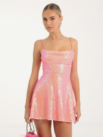 Damen-geburtstagsparty-kleid Glitzernde Spaghettiträger Kurze Swing-kleider