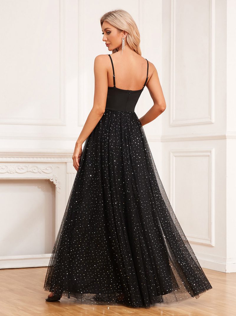 Damen-kleid A-linie Herzförmiger Ausschnitt Spaghettiträger Glitzerndes Ball-maxikleid - Schwarz