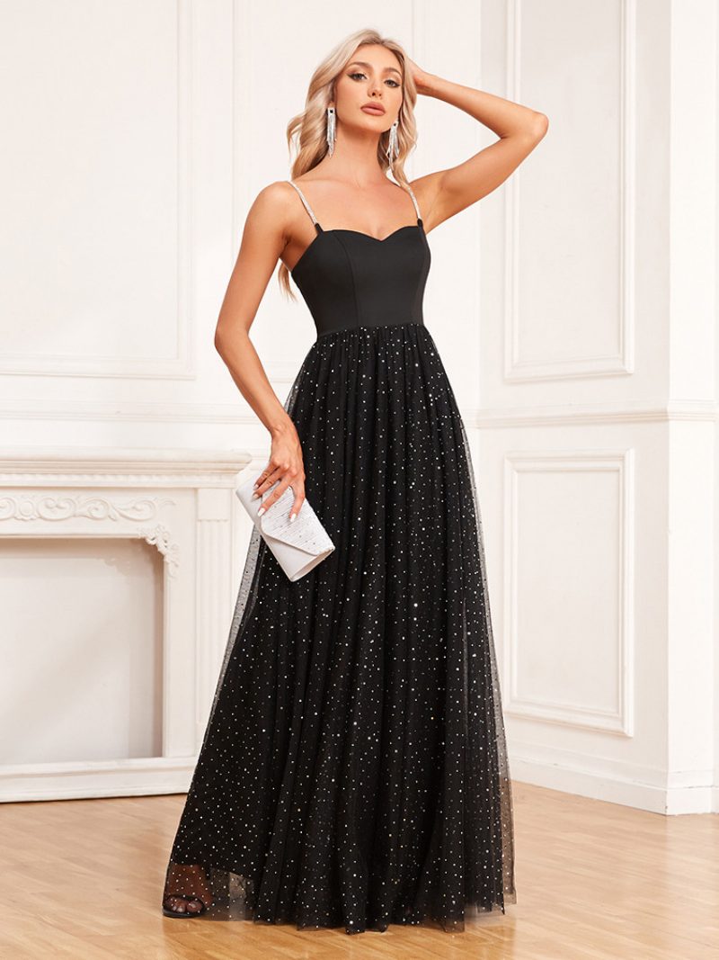 Damen-kleid A-linie Herzförmiger Ausschnitt Spaghettiträger Glitzerndes Ball-maxikleid - Schwarz