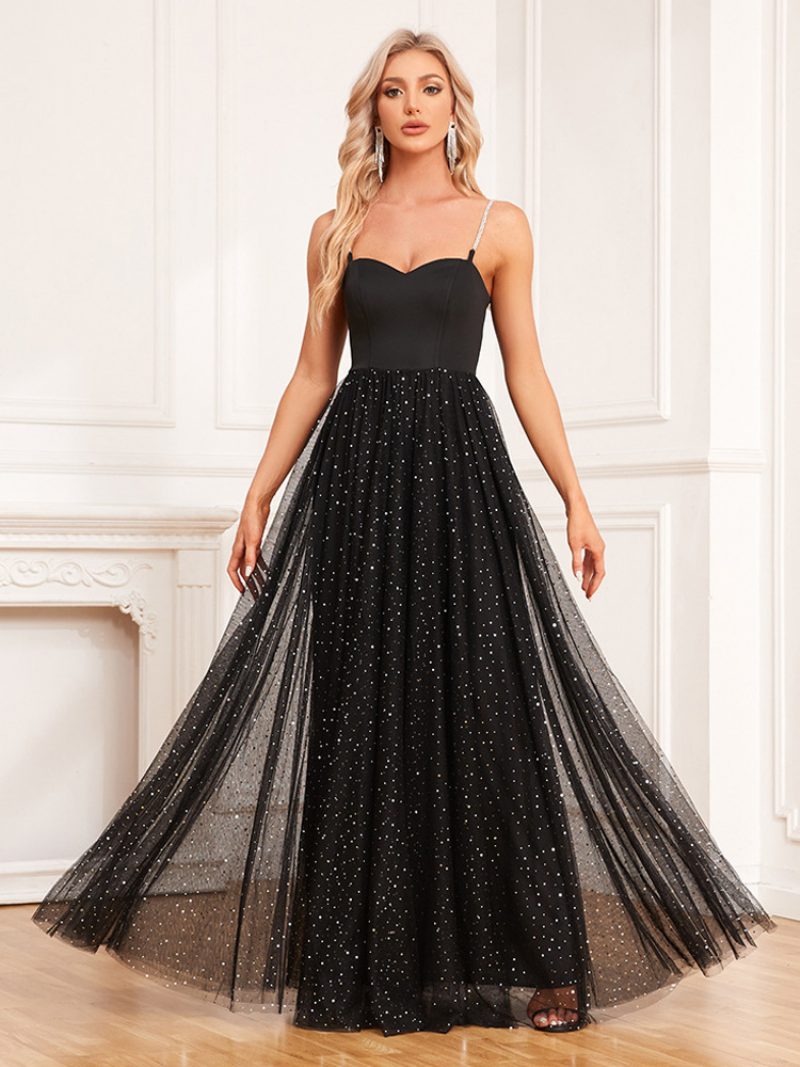 Damen-kleid A-linie Herzförmiger Ausschnitt Spaghettiträger Glitzerndes Ball-maxikleid - Schwarz