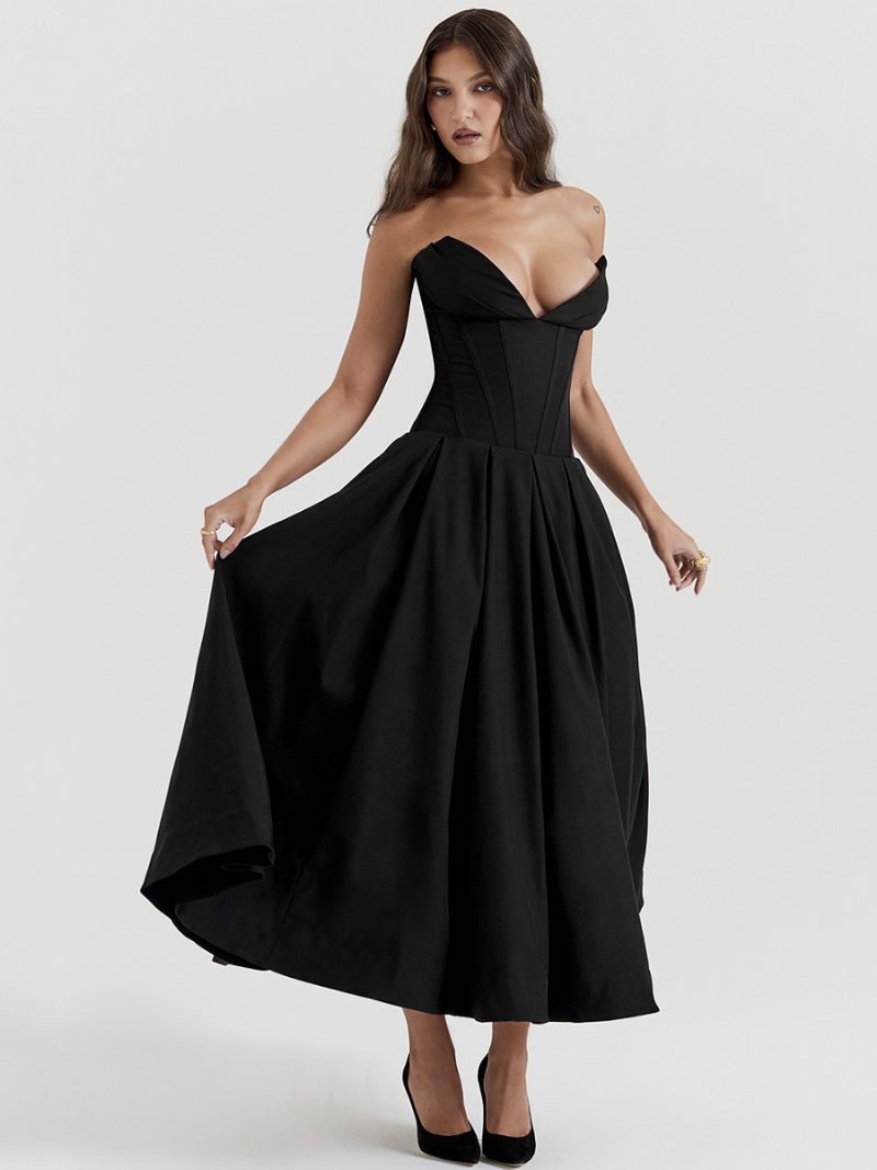 Damen-kleid Im Princess-linie-stil Tiefes Oberteil Runder Rock Abschlussball-midi-kleider - Schwarz