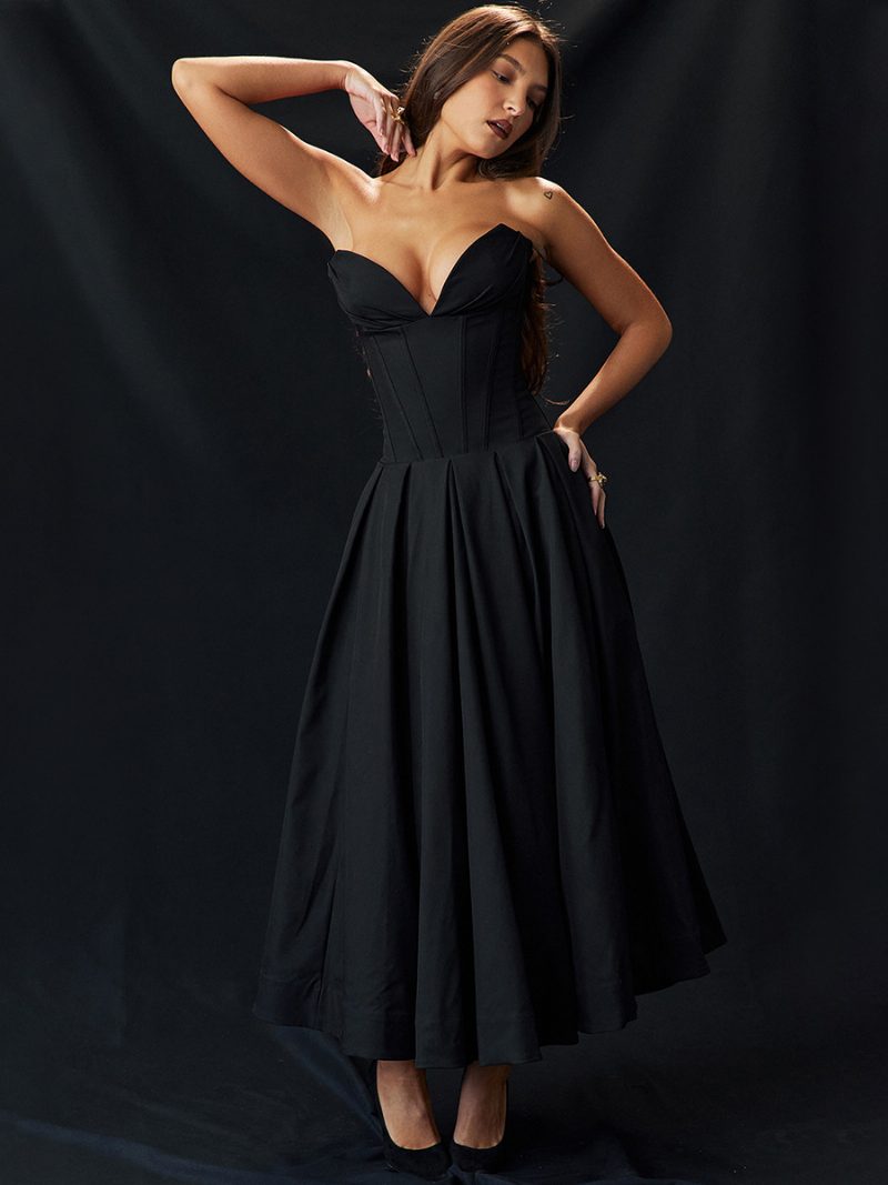 Damen-kleid Im Princess-linie-stil Tiefes Oberteil Runder Rock Abschlussball-midi-kleider - Schwarz