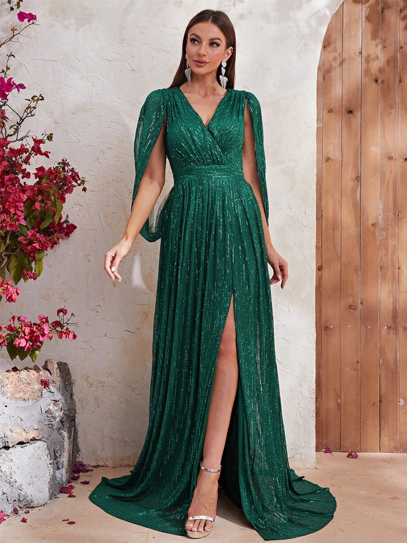 Damen-kleid Mit Hohem Schlitz V-ausschnitt Ärmeln Empire-taille Ball-maxikleidern - Dunkelgrün