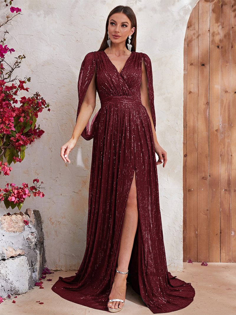 Damen-kleid Mit Hohem Schlitz V-ausschnitt Ärmeln Empire-taille Ball-maxikleidern - Burgund