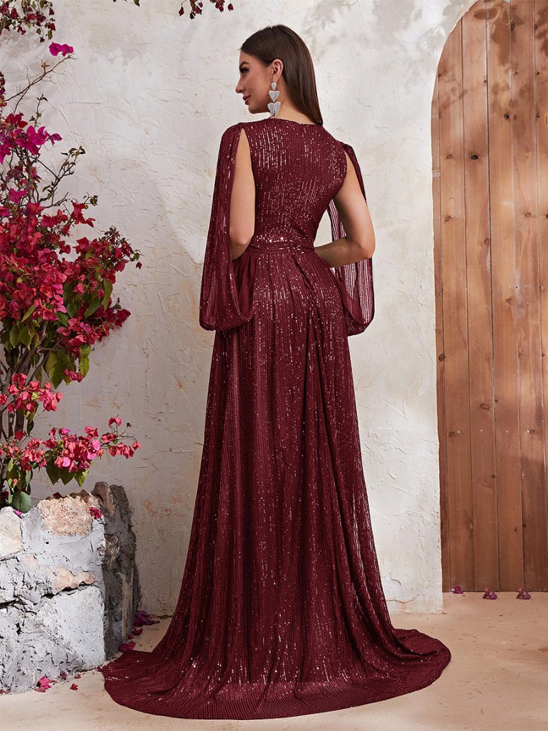 Damen-kleid Mit Hohem Schlitz V-ausschnitt Ärmeln Empire-taille Ball-maxikleidern - Burgund