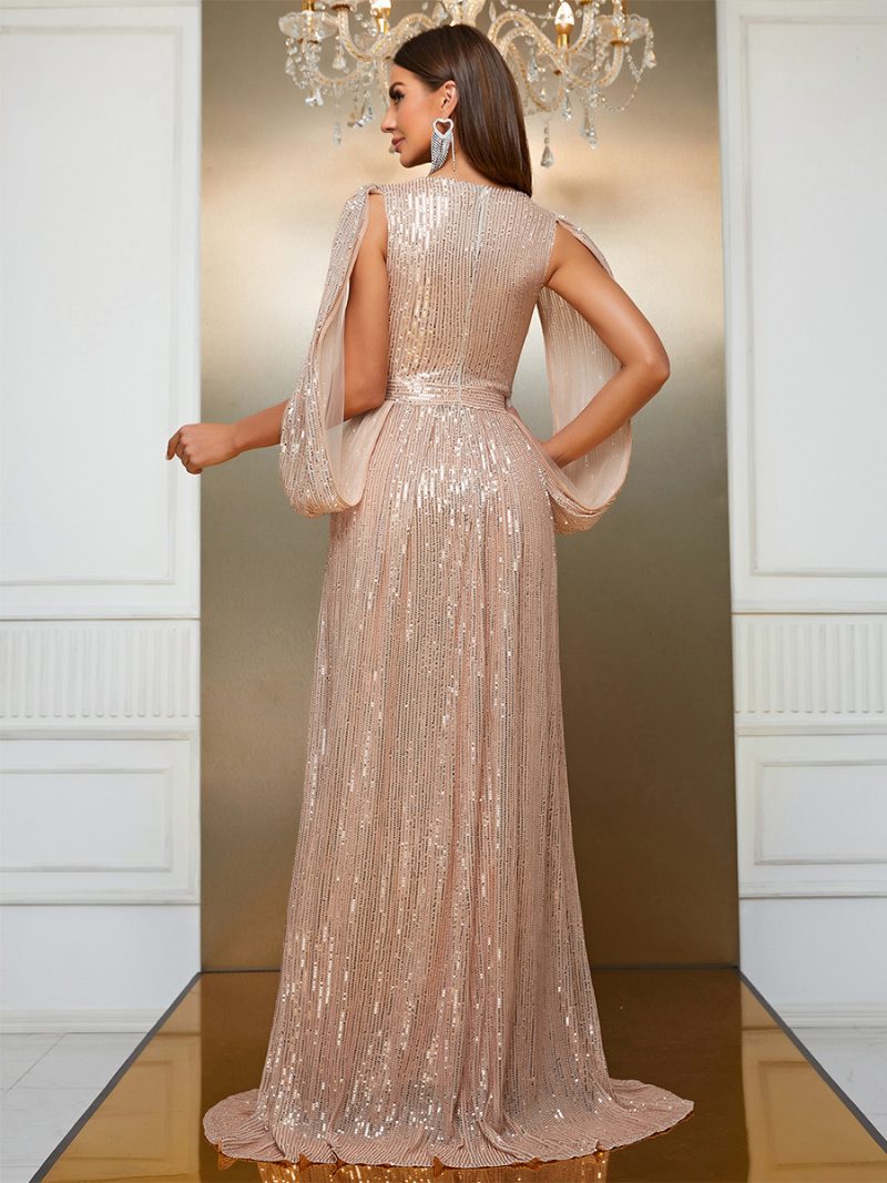 Damen-kleid Mit Hohem Schlitz V-ausschnitt Ärmeln Empire-taille Ball-maxikleidern - Champagner