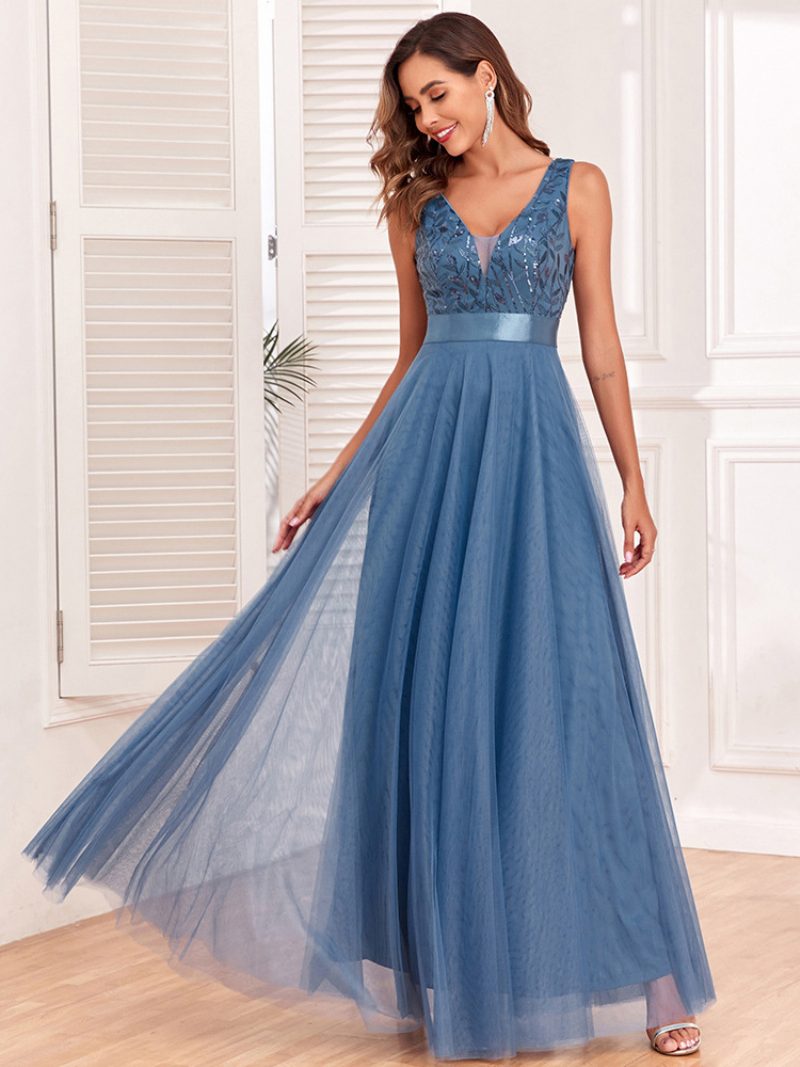 Damen-kleid Mit Pailletten Ärmellos Empire-taille A-linie Elegantes Ball-maxikleid - Blau