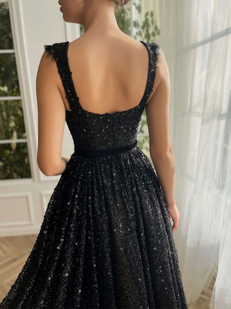 Damen-kleid Mit Pailletten Herzausschnitt Spitze Ärmellos Rückenfrei Midi-abschlussballkleid - Schwarz