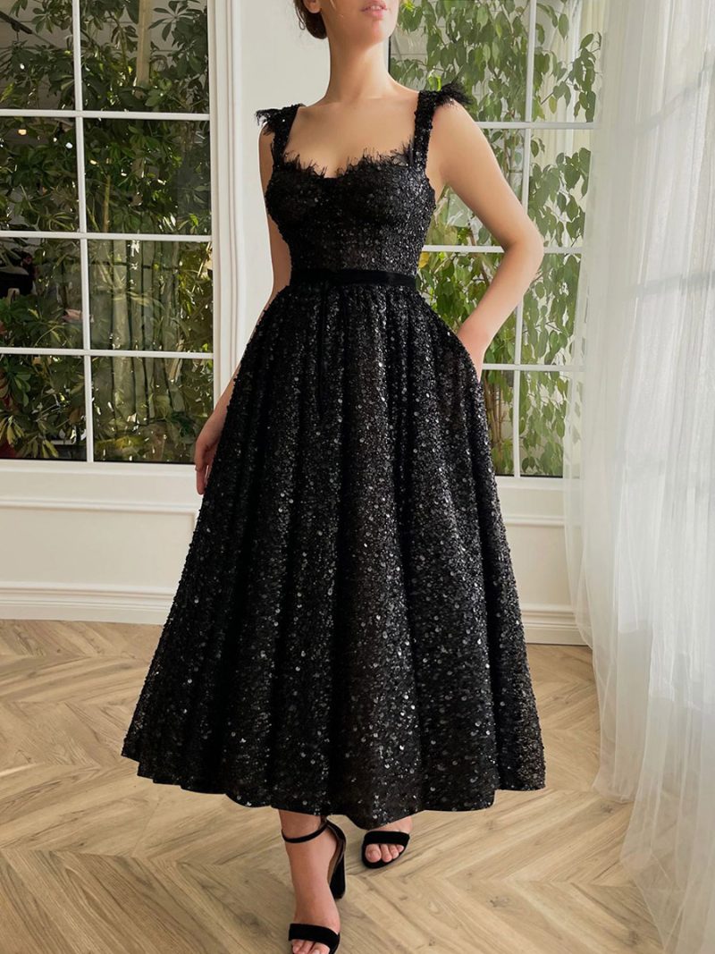 Damen-kleid Mit Pailletten Herzausschnitt Spitze Ärmellos Rückenfrei Midi-abschlussballkleid - Schwarz