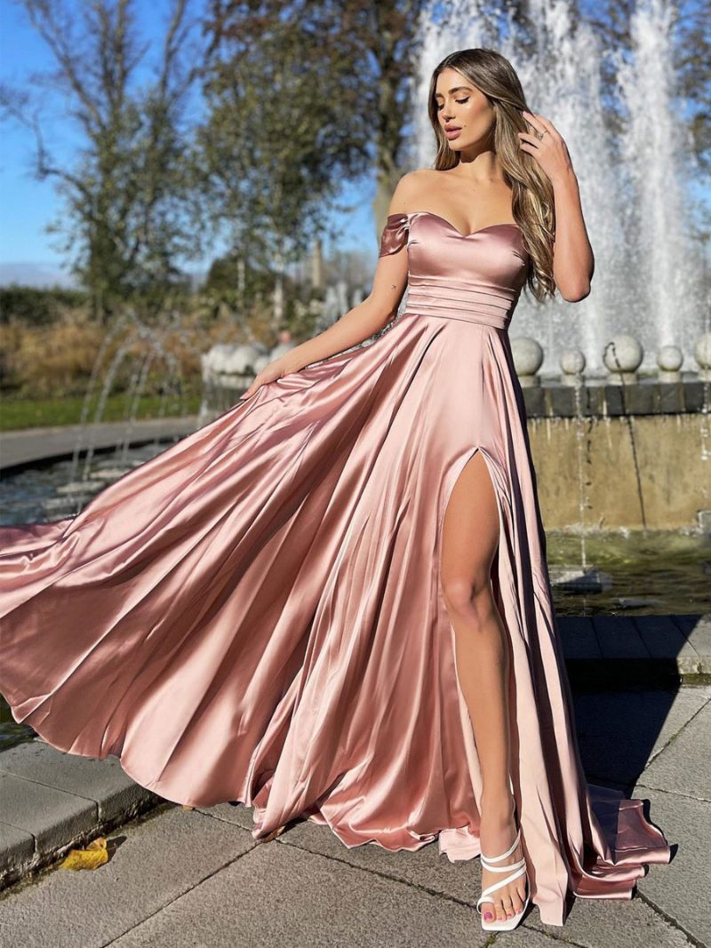 Damen-maxikleid Mit Bateau-ausschnitt Kurzen Ärmeln Sexy Ballkleider Hohem Schlitz Und Reißverschluss