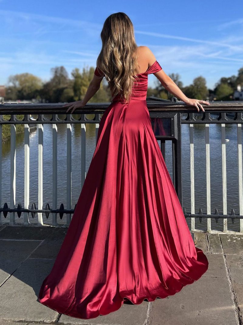 Damen-maxikleid Mit Bateau-ausschnitt Kurzen Ärmeln Sexy Ballkleider Hohem Schlitz Und Reißverschluss - Burgund