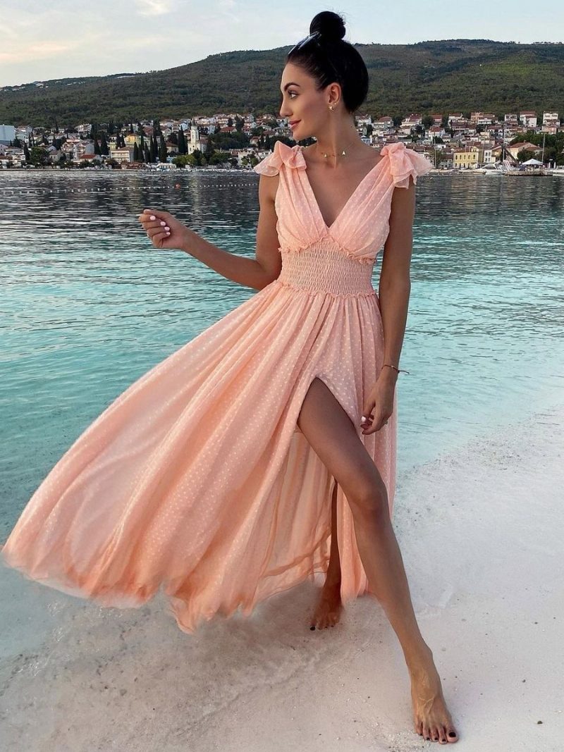 Damen-maxikleid Mit Biesen V-ausschnitt Ärmellos Hoher Schlitz Ballkleider - Rosa