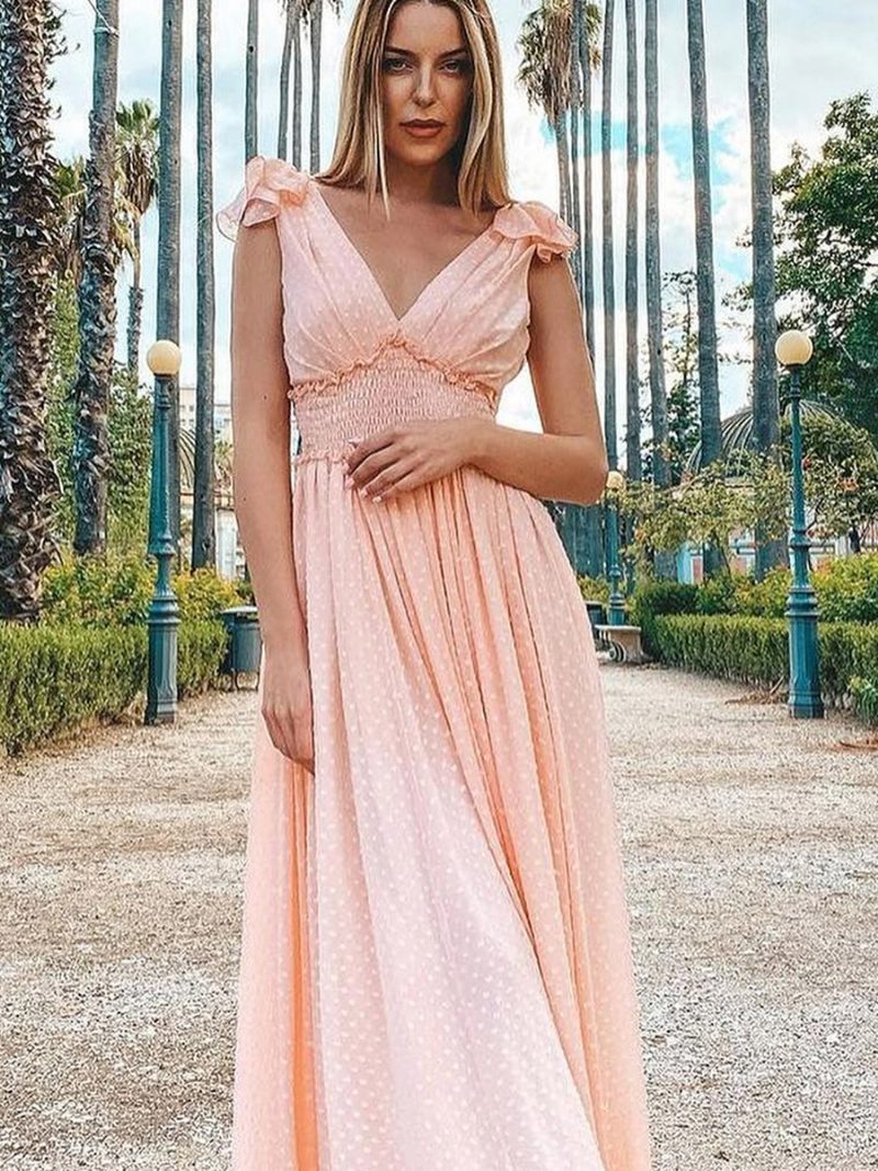 Damen-maxikleid Mit Biesen V-ausschnitt Ärmellos Hoher Schlitz Ballkleider - Rosa