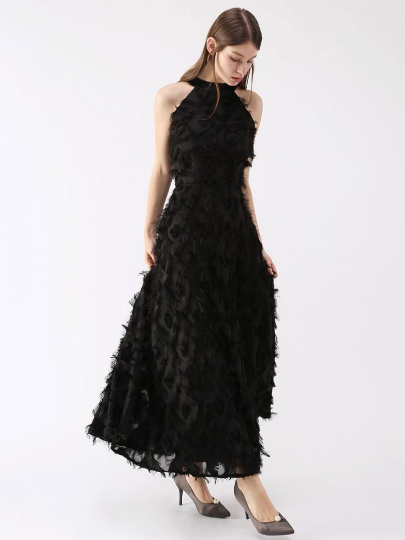 Damen-maxikleid Mit Federn Neckholder Ärmellos A-linie Elegante Ballkleider - Schwarz