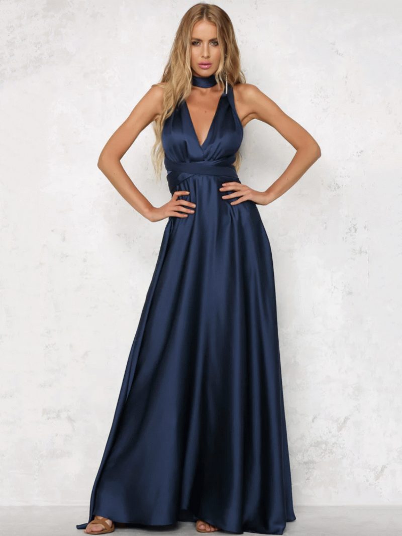 Damen-maxikleid Mit Offenem Rücken Neckholder Tiefem Ausschnitt Überkreuzter Taille Abschlussballkleid - Dunkles Marineblau