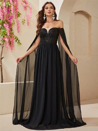 Damen-maxikleid Mit Pailletten Schulterfrei Empire-taille Ballkleid Schwarz