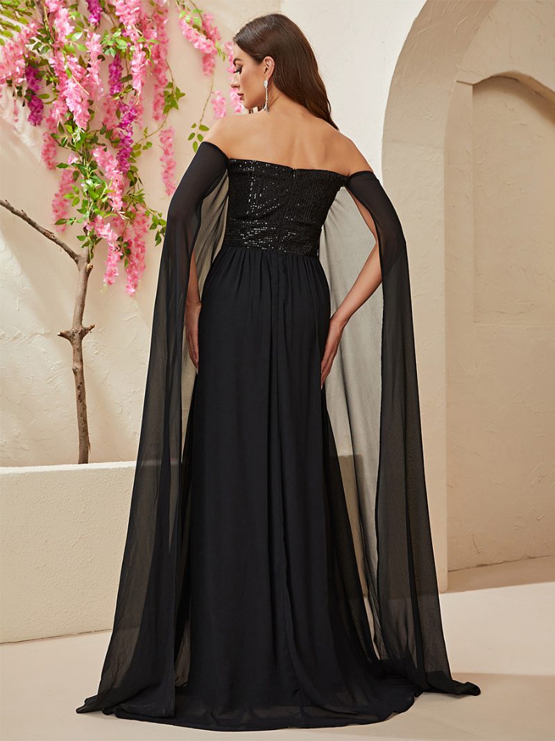 Damen-maxikleid Mit Pailletten Schulterfrei Empire-taille Ballkleid Schwarz - Schwarz