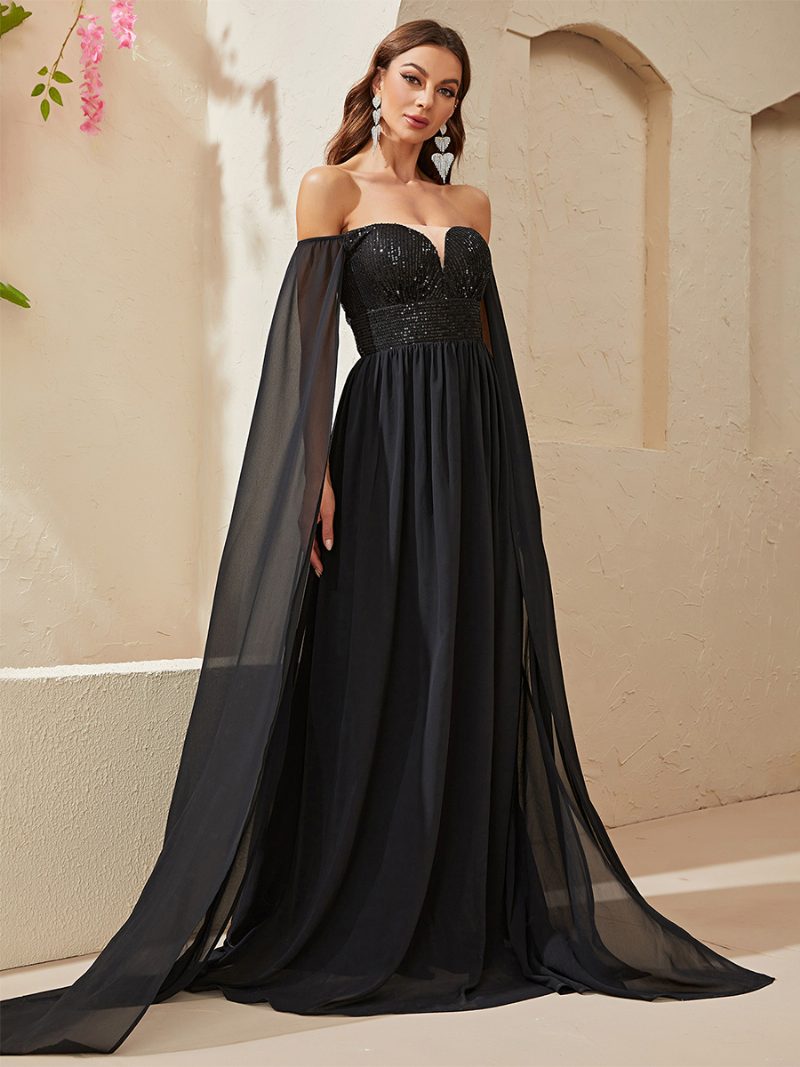 Damen-maxikleid Mit Pailletten Schulterfrei Empire-taille Ballkleid Schwarz - Schwarz