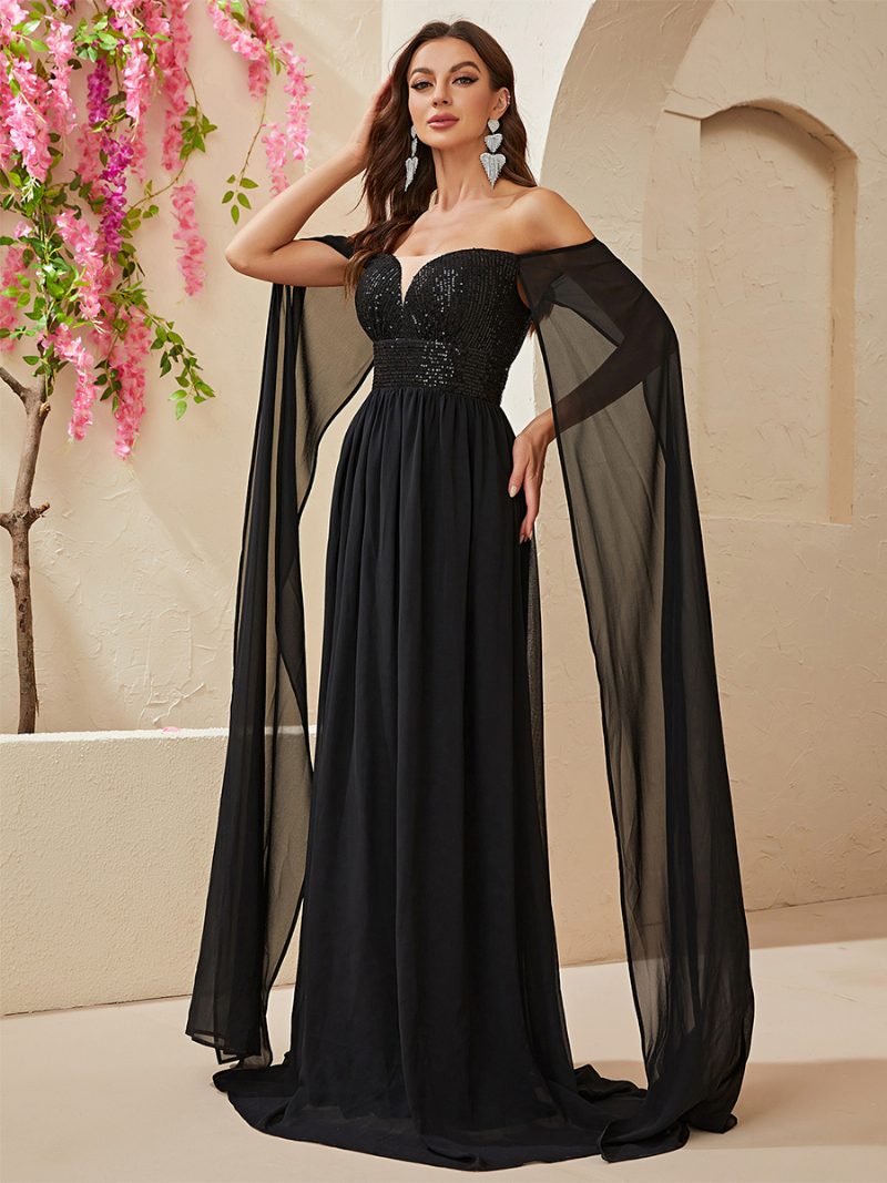 Damen-maxikleid Mit Pailletten Schulterfrei Empire-taille Ballkleid Schwarz - Schwarz