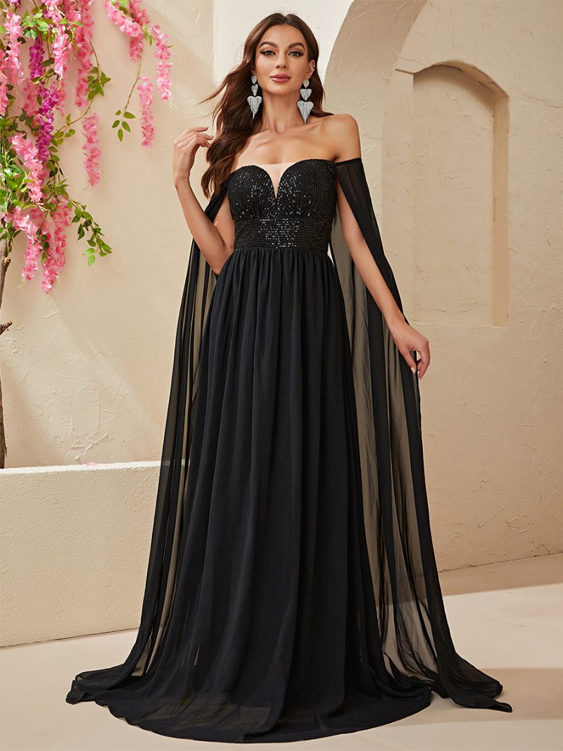 Damen-maxikleid Mit Pailletten Schulterfrei Empire-taille Ballkleid Schwarz - Schwarz