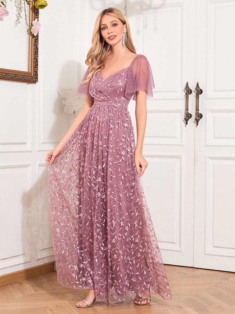 Damen-maxikleid Mit Stickerei Und Spitze Herzförmiger Ausschnitt Flatterärmel Ballkleider - Lotusrosa