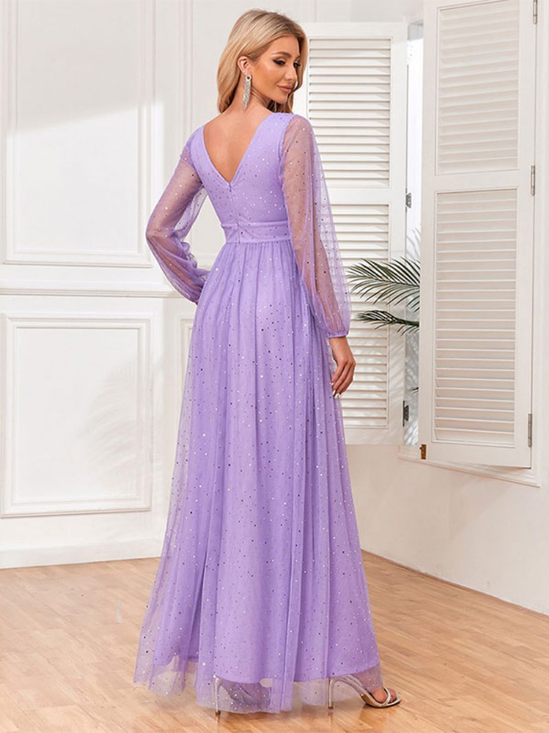 Damen Maxikleid Mit V-ausschnitt Empire-taille Illusionsärmel Pailletten Ballkleider - Violett