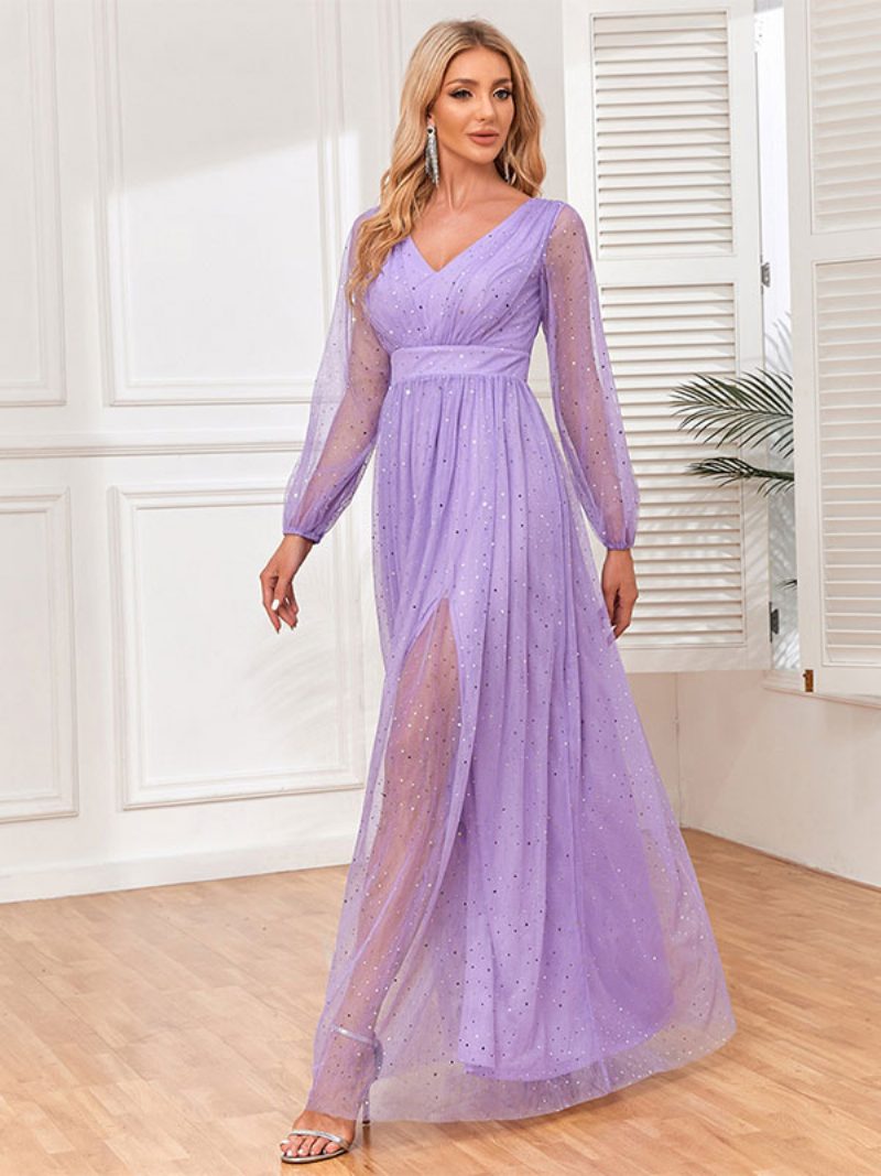 Damen Maxikleid Mit V-ausschnitt Empire-taille Illusionsärmel Pailletten Ballkleider - Violett